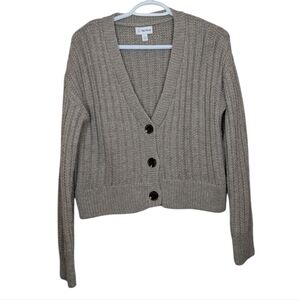 The Drop Greige Knit Women's Megan V-Neck Cropped Button Down Cardigan Small